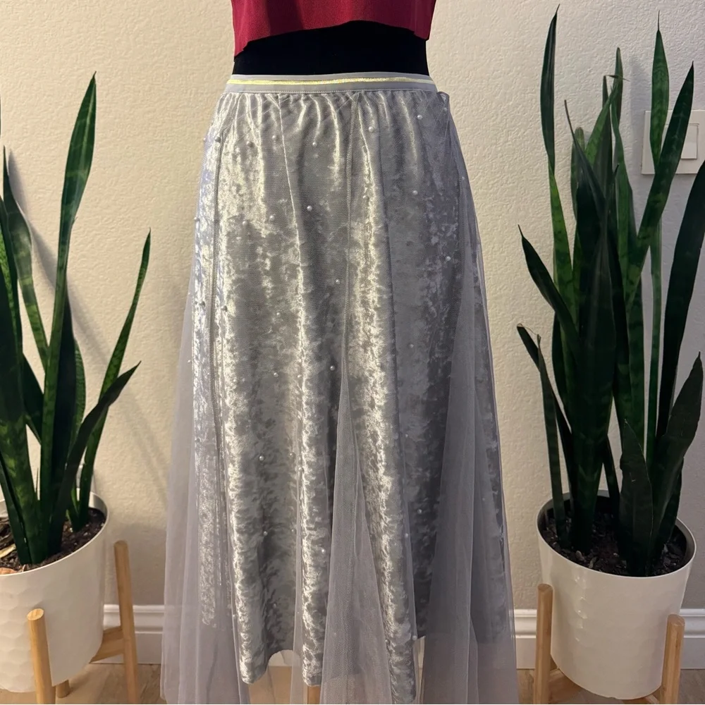 ANTHROPOLOGIE RAGA SKIRT 1X GRAY TULLE LAYERED A-LINE VELVET MESH PEARL‎ PLUS